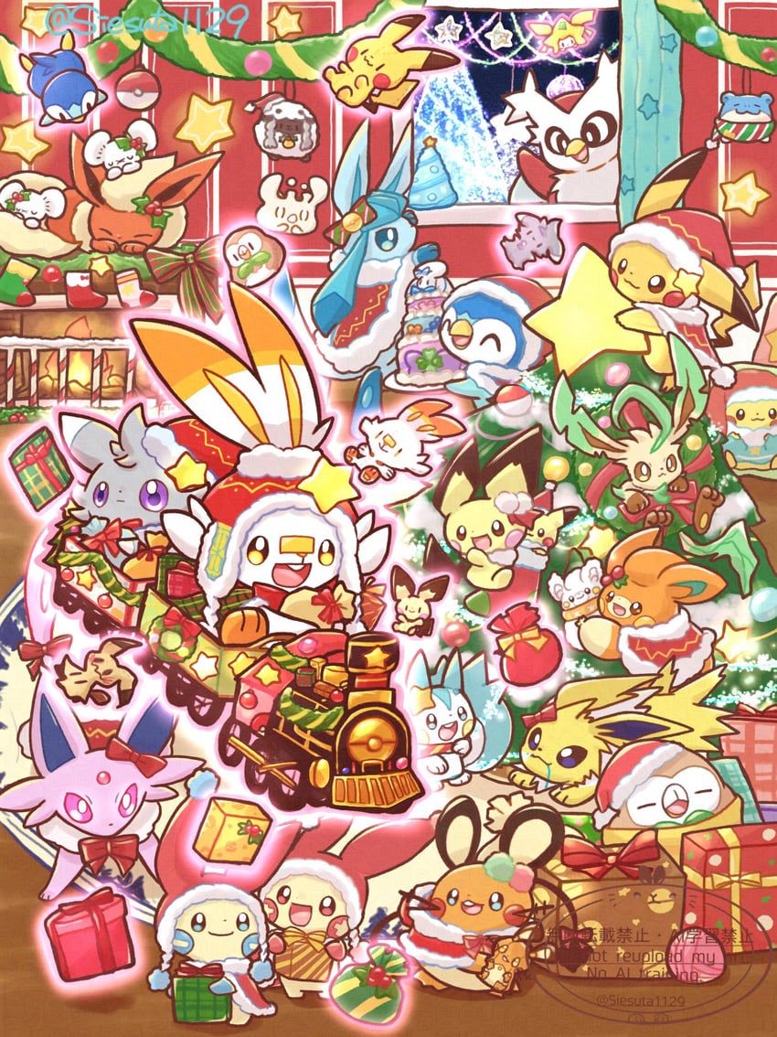 pikachu, rowlet, piplup, glaceon, mimikyu, and 20 more (pokemon) drawn by gokuaku_rabbit