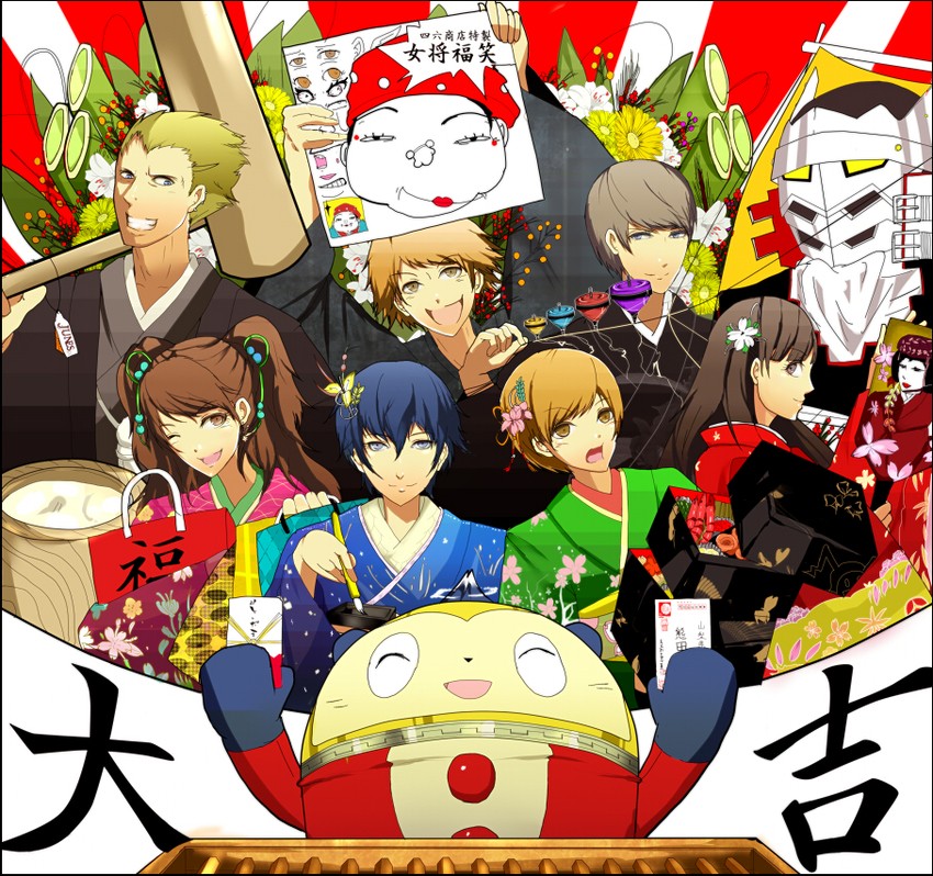narukami yu, shirogane naoto, satonaka chie, kujikawa rise, amagi yukiko, and 3 more (persona and 1 more) drawn by sawakita_a