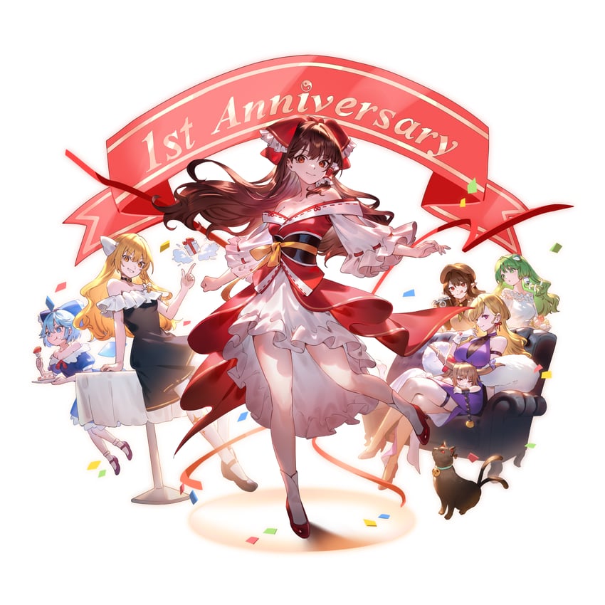 hakurei reimu, kirisame marisa, kochiya sanae, cirno, yakumo yukari, and 3 more (touhou and 1 more) drawn by u_u_zan