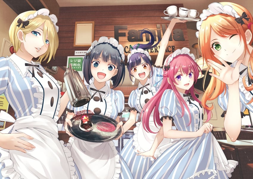 hououji akane, tsukishima riho, makuzawa ouka, ono shiragiku, and tsuruga ami (megami no cafe terrace) drawn by seo_kouji