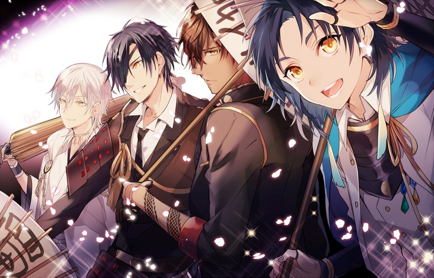 tsurumaru kuninaga, shokudaikiri mitsutada, ookurikara, and taikogane sadamune (touken ranbu) drawn by kuroemon