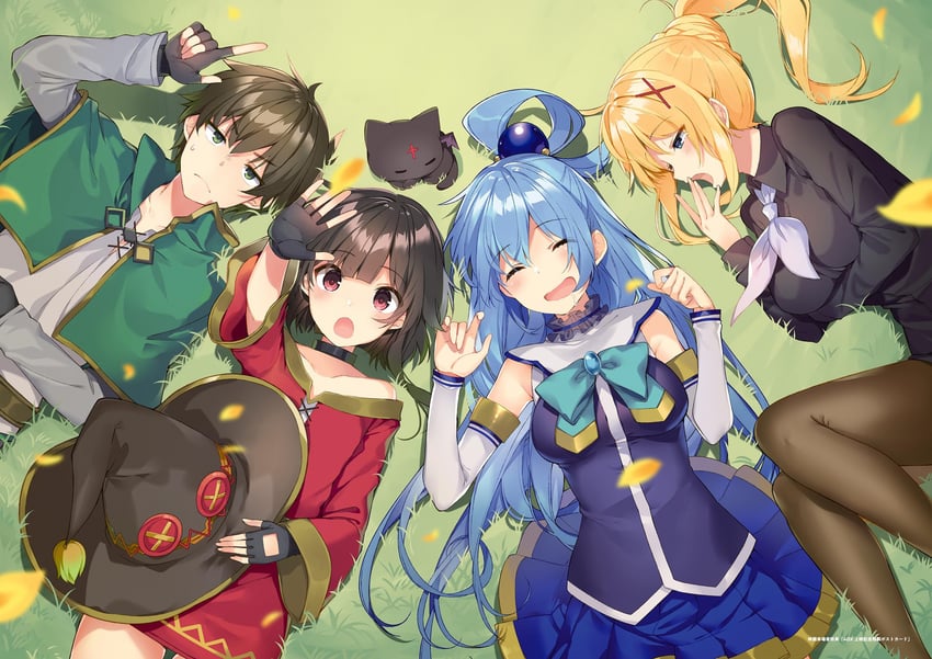 megumin, aqua, darkness, satou kazuma, and chomusuke (kono subarashii sekai ni shukufuku wo!) drawn by mishima_kurone