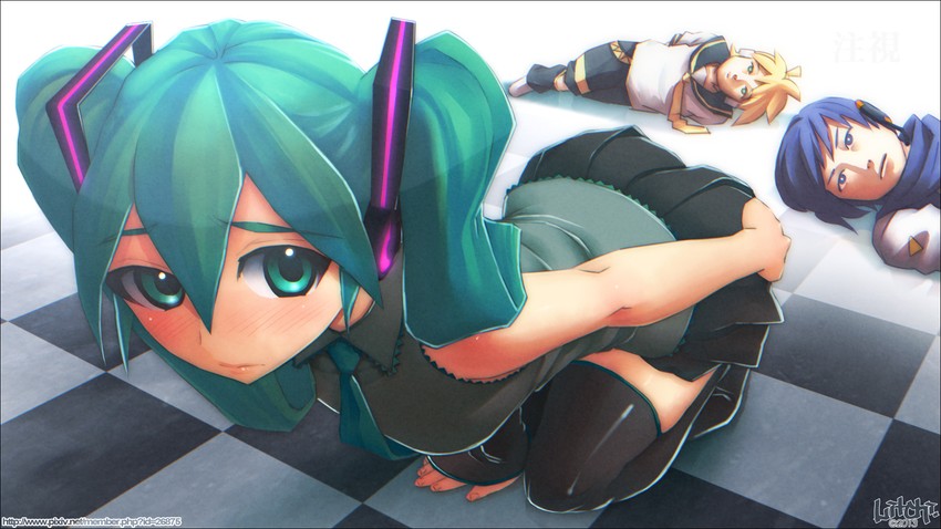 hatsune miku, kagamine len, and kaito (vocaloid) drawn by raichi_(litchixlitchi)