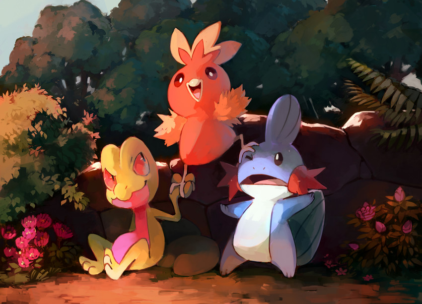 torchic, mudkip, and treecko (pokemon) drawn by bluekomadori