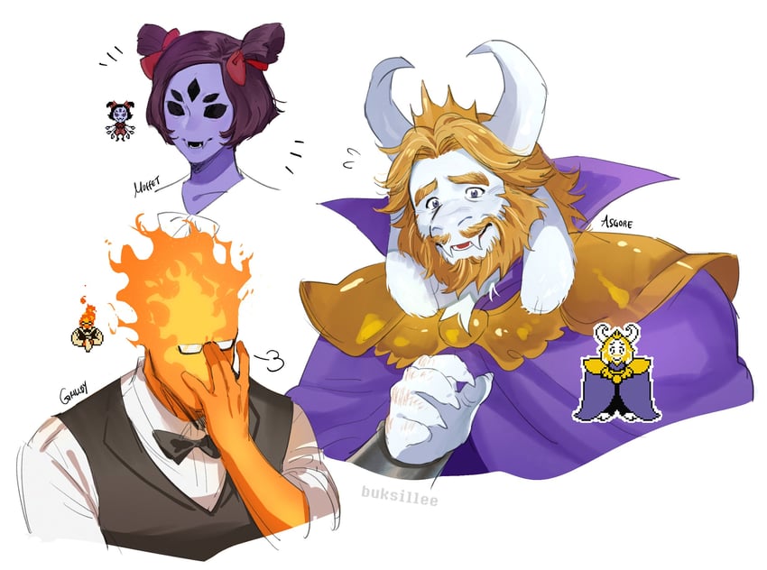 muffet, asgore dreemurr, and grillby (undertale) drawn by buksillee