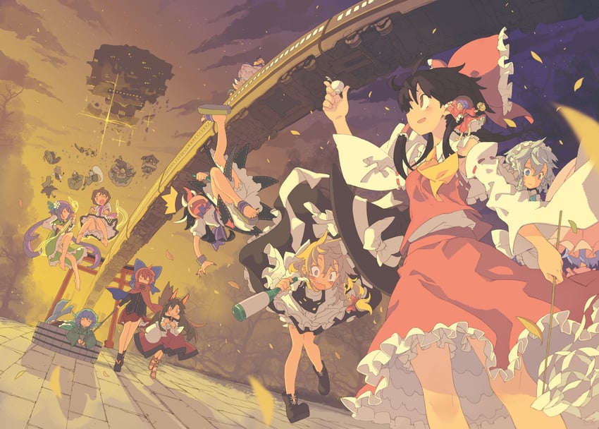 hakurei reimu, kirisame marisa, remilia scarlet, izayoi sakuya, kochiya sanae, and 20 more (touhou and 1 more) drawn by morino_hon