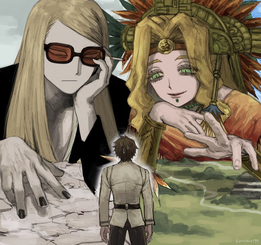 fujimaru ritsuka, tezcatlipoca, and quetzalcoatl (fate and 1 more) drawn by sorry4u999