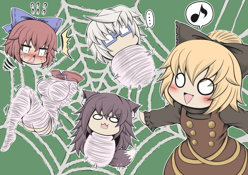 morichika rinnosuke, imaizumi kagerou, kurodani yamame, and sekibanki (touhou) drawn by hidefu_kitayan