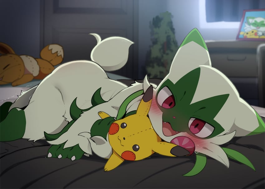pikachu, eevee, sprigatito, and floragato (pokemon) drawn by dagasi