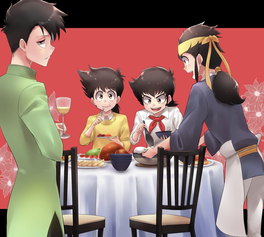 ajiyoshi youichi, sakai kazuma, ryuu kouhou, and nakae hyouta (mister ajikko) drawn by torosaaaaamon