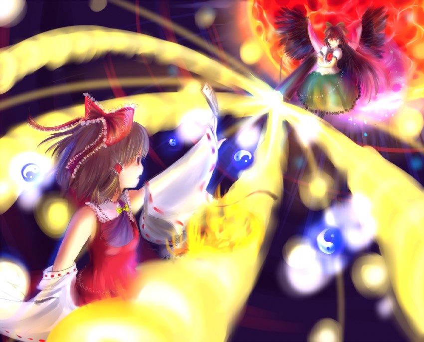hakurei reimu and reiuji utsuho (touhou) drawn by 04_(reiyon)