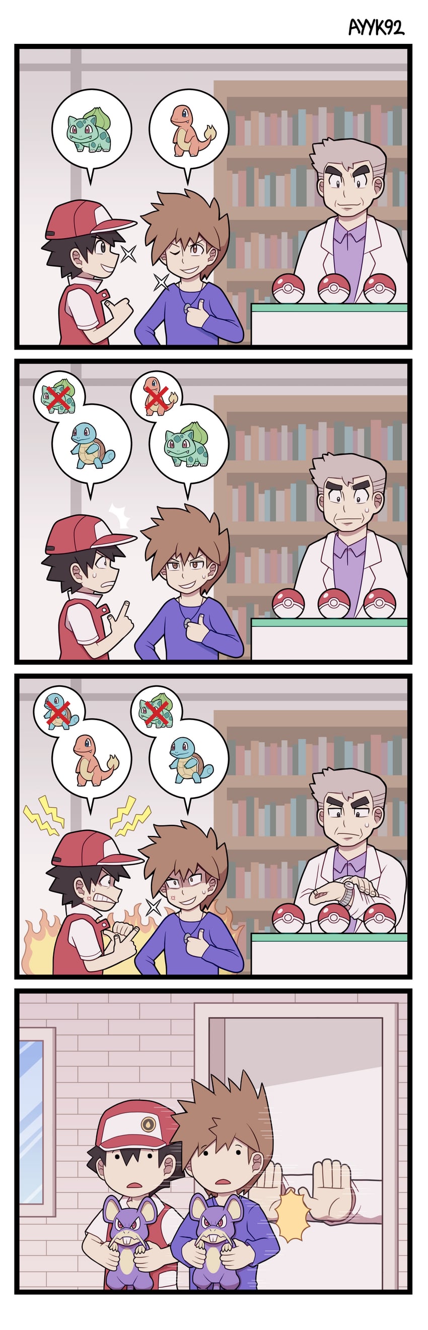 red, blue oak, bulbasaur, squirtle, charmander, and 2 more (pokemon and 1 more) drawn by ayyk92