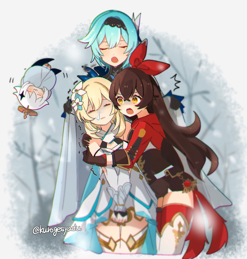 lumine, paimon, eula, and amber (genshin impact) drawn by kuromu_shado