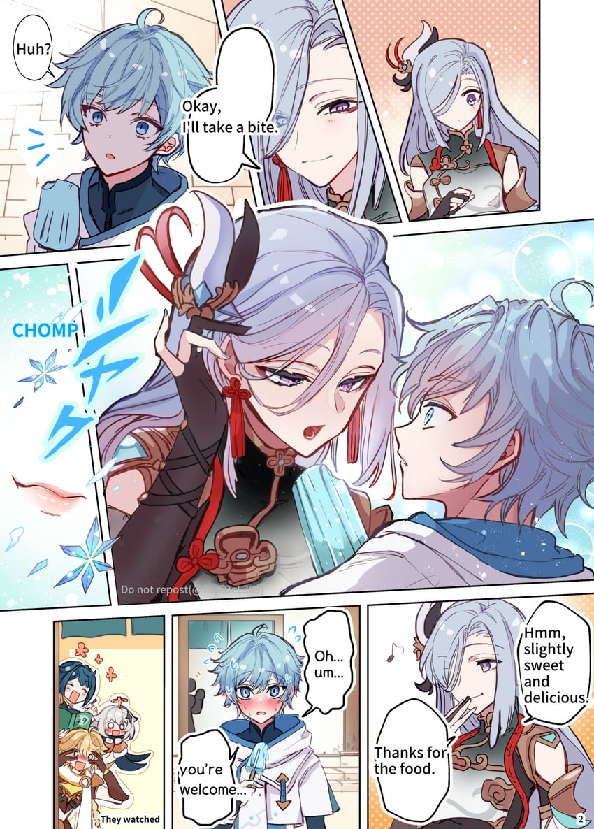 aether, paimon, shenhe, xingqiu, and chongyun (genshin impact) drawn by tapi