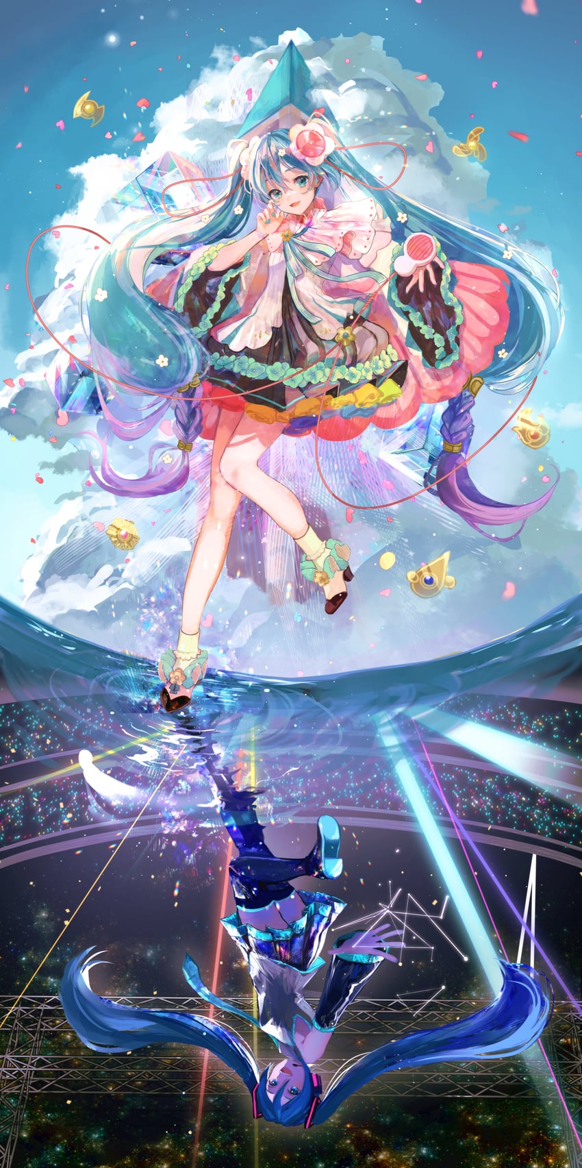 hatsune miku and magical mirai miku (vocaloid and 1 more) drawn by kikinoki
