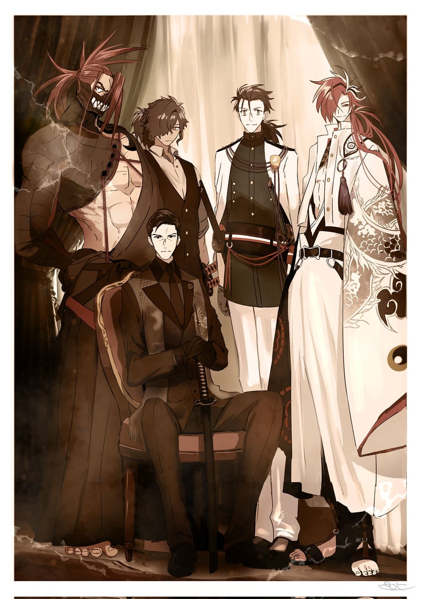 okada izou, sakamoto ryouma, takasugi shinsaku, tanaka shinbei, and takechi zuizan (fate and 1 more) drawn by pirohi_(pirohi214)