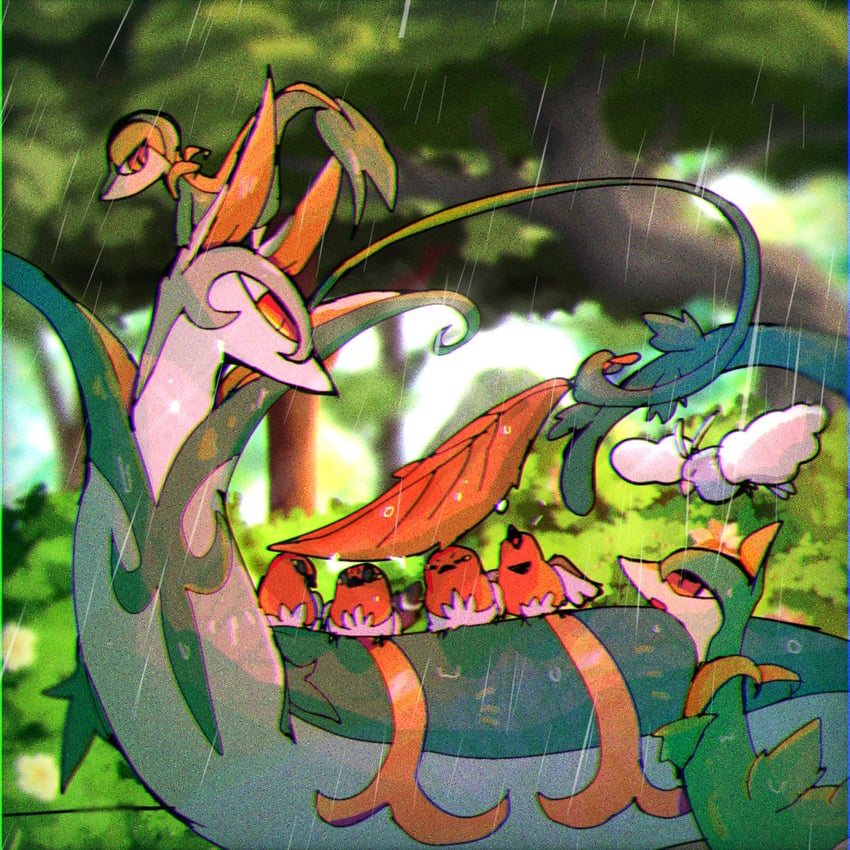 snivy, swablu, serperior, fletchling, and servine (pokemon) drawn by zyoubitaki