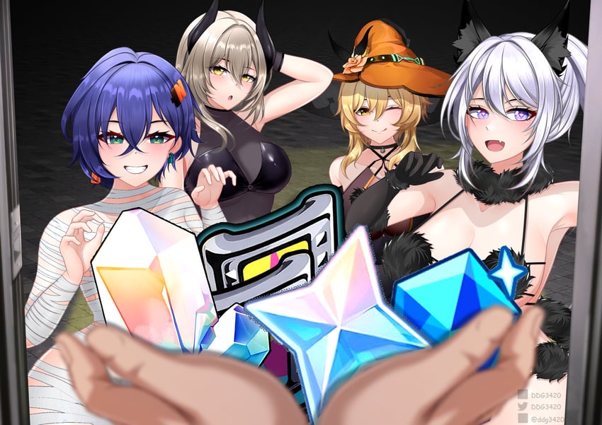 lumine, trailblazer, stelle, kiana kaslana, and belle (genshin impact and 5 more) drawn by d.d.g_(ddg3420)