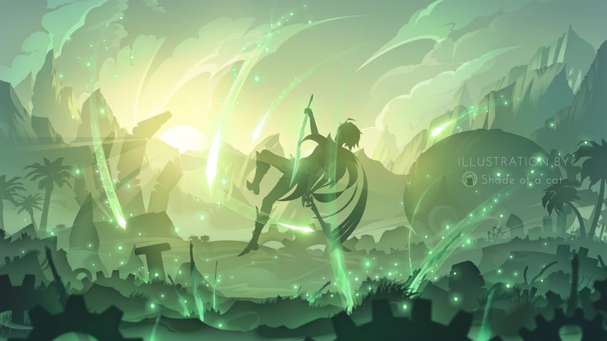 alhaitham and ruin golem (genshin impact) drawn by shade_of_a_cat