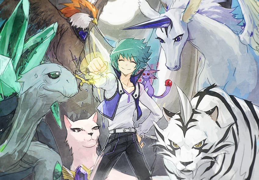 johan andersen, crystal beast ruby carbuncle, crystal beast amethyst cat, crystal beast sapphire pegasus, crystal beast topaz tiger, and 2 more (yu-gi-oh! and 1 more) drawn by moribuden