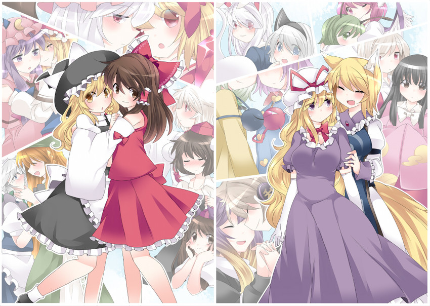 hakurei reimu, kirisame marisa, remilia scarlet, flandre scarlet, izayoi sakuya, and 16 more (touhou) drawn by hammer_(sunset_beach)