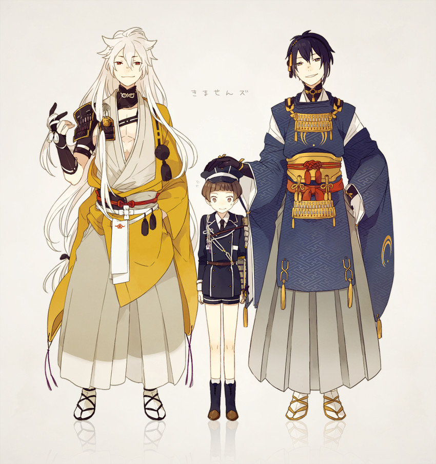 mikazuki munechika, kogitsunemaru, and hirano toushirou (touken ranbu) drawn by o-ishi