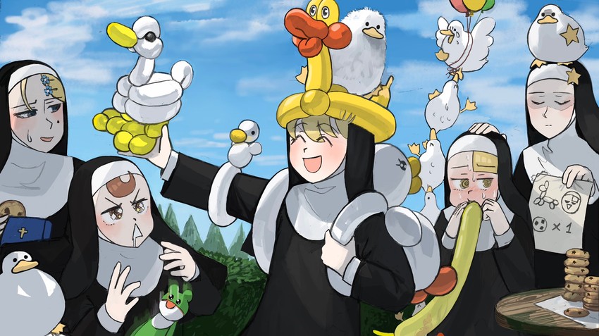 clumsy nun, froggy nun, spicy nun, strict nun, and star nun (little nuns) drawn by diva_(hyxpk)