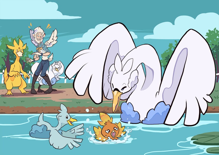 torchic, swanna, ducklett, and golduck (original and 1 more) drawn by tamarinfrog