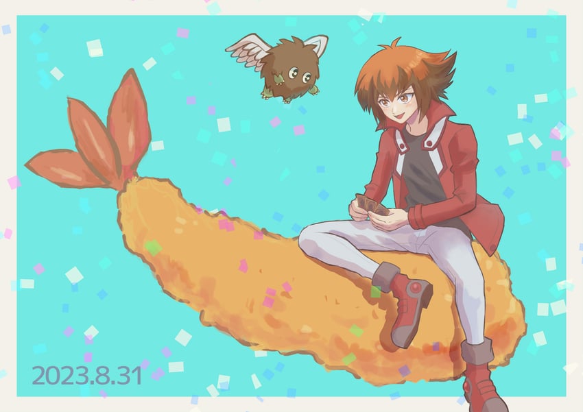 yuki judai and winged kuriboh (yu-gi-oh! and 1 more) drawn by sazuki_(10sak25)