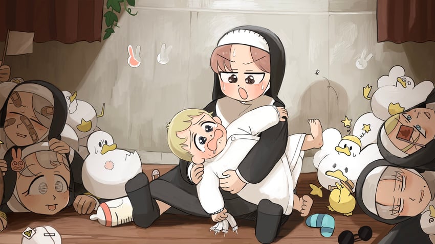 clumsy nun, strict nun, hungry nun, smug nun, bunny nun, and 1 more (little nuns) drawn by diva_(hyxpk)
