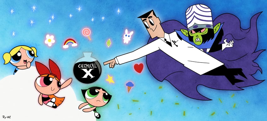 buttercup, blossom, bubbles, mojo jojo, and professor utonium (powerpuff girls and 1 more) drawn by ry-on!