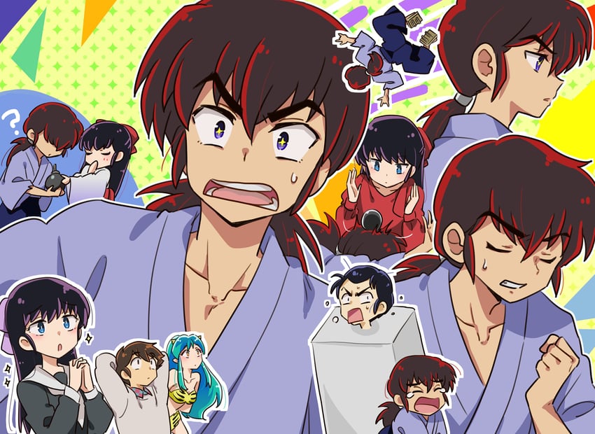 lum, moroboshi ataru, mendou shuutarou, mendou ryouko, and mizunokouji tobimaro (urusei yatsura) drawn by r-king