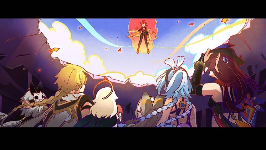 aether, paimon, mavuika, mualani, kachina, and 2 more (genshin impact) drawn by nakura_hakuto