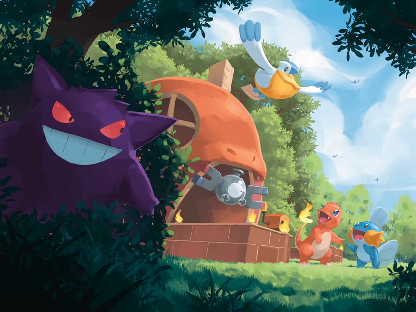 gengar, charmander, mudkip, magnemite, and pelipper (pokemon and 2 more) drawn by vasco_georgiev