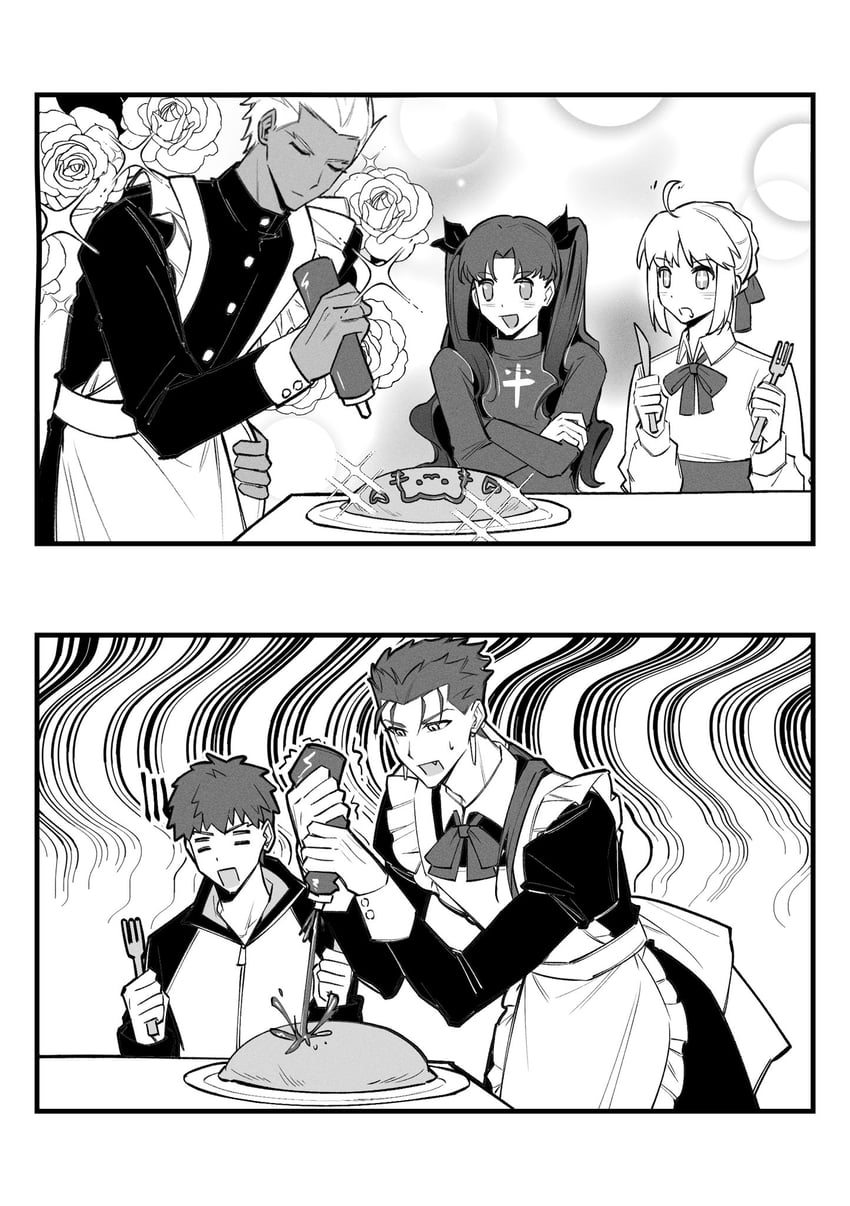 artoria pendragon, saber, tohsaka rin, emiya shirou, cu chulainn, and 1 more (fate and 1 more) drawn by y111111n