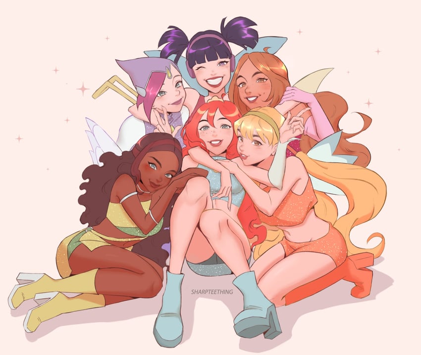 bloom, stella, flora, musa, tecna, and 1 more (winx club) drawn by sharpteething