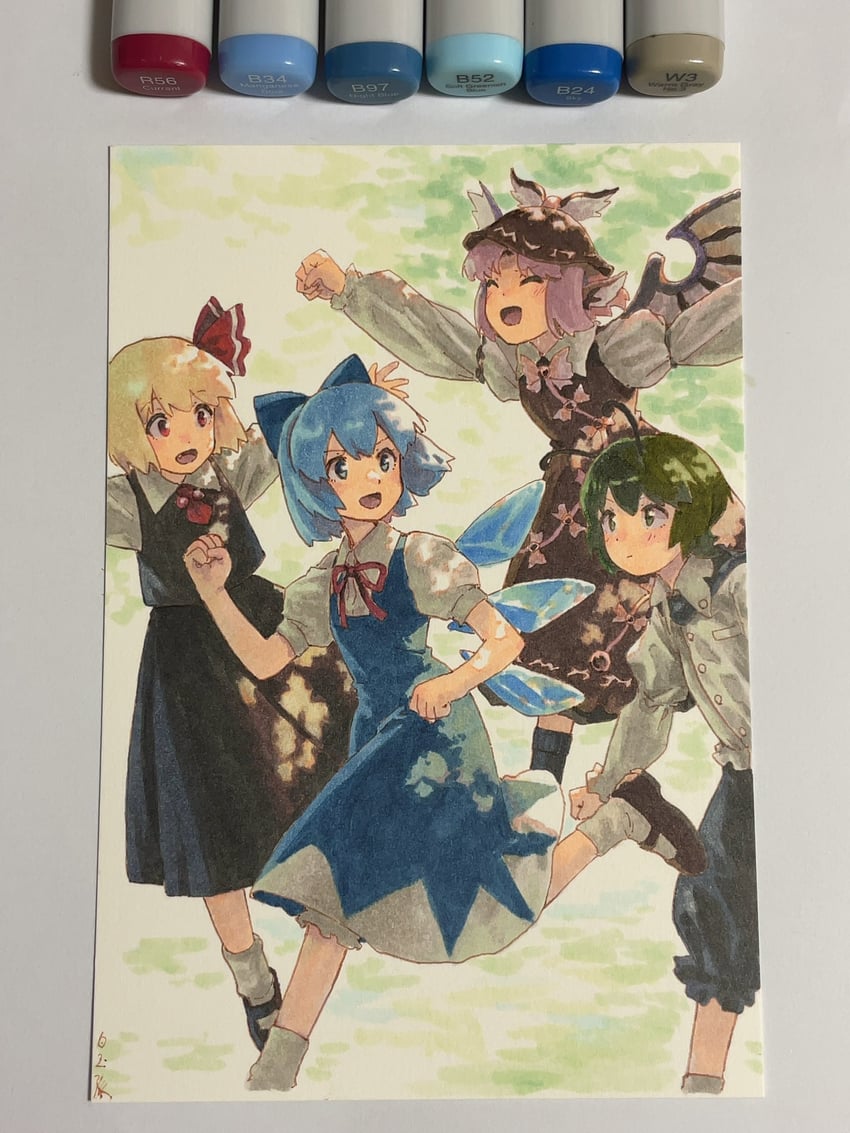 cirno, rumia, mystia lorelei, and wriggle nightbug (touhou) drawn by shiratama_(hockey)