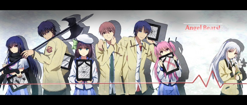 tachibana kanade, nakamura yuri, yui, hinata hideki, otonashi yuzuru, and 2 more (angel beats!) drawn by sakamuke
