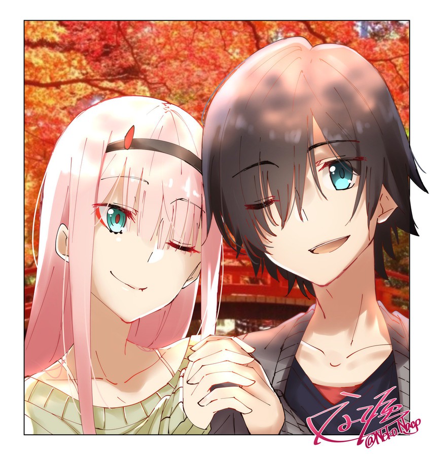 zero two and hiro (darling in the franxx) drawn by nakoya_(nane_cat)