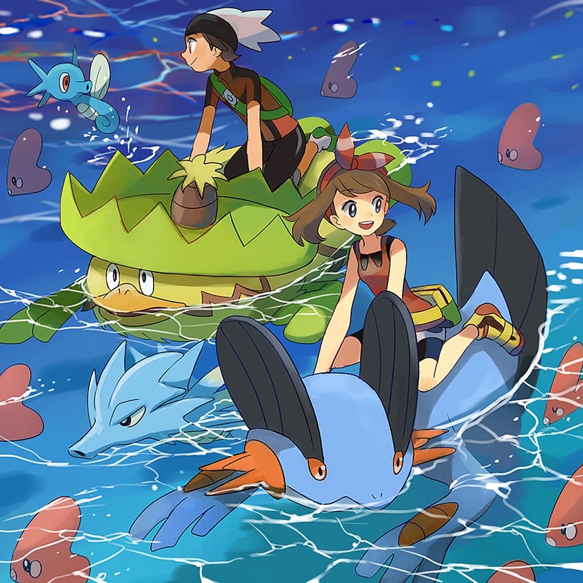 may, brendan, luvdisc, swampert, horsea, and 2 more (pokemon and 1 more) drawn by popcorn_91