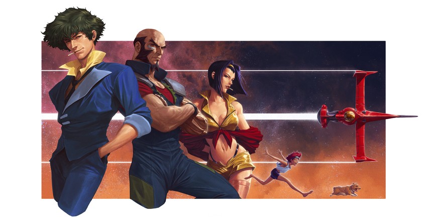 faye valentine, spike spiegel, edward wong hau pepelu tivrusky iv, ein, jet black, and 1 more (cowboy bebop) drawn by dave_rapoza
