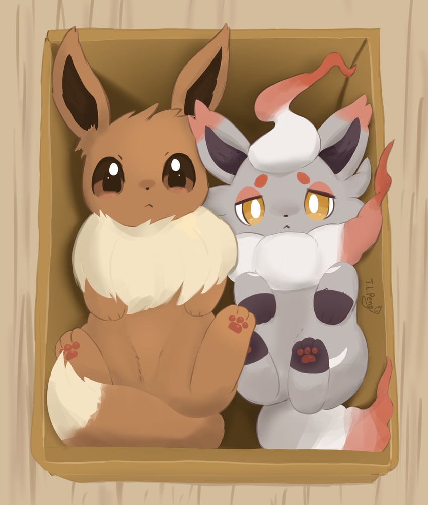 eevee and hisuian zorua (pokemon) drawn by tl_peng