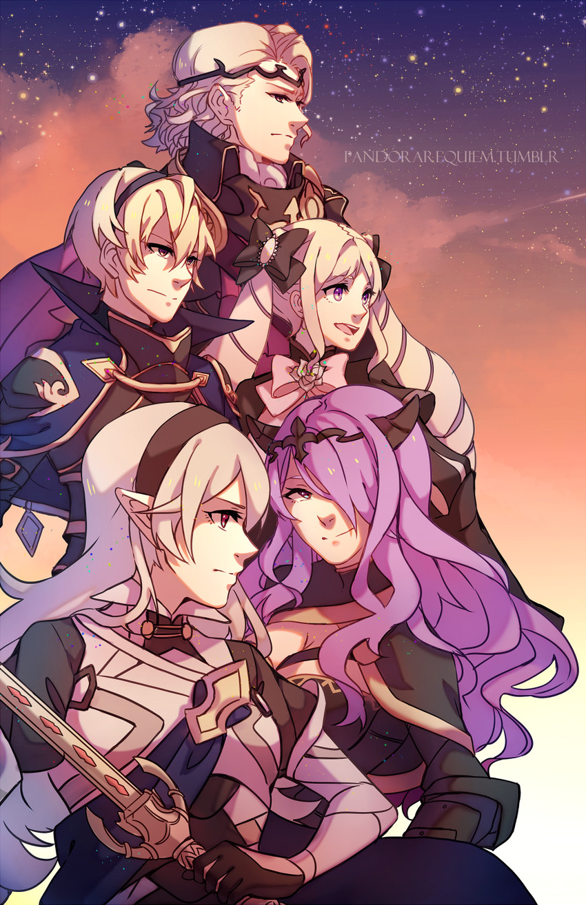 female corrin, camilla, elise, leo, and xander (fire emblem and 1 more) drawn by pan_(pandora_requiem)