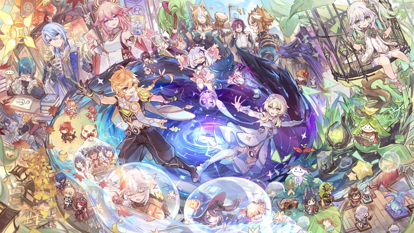 lumine, raiden shogun, aether, yae miko, nahida, and 31 more (genshin impact) drawn by csyday