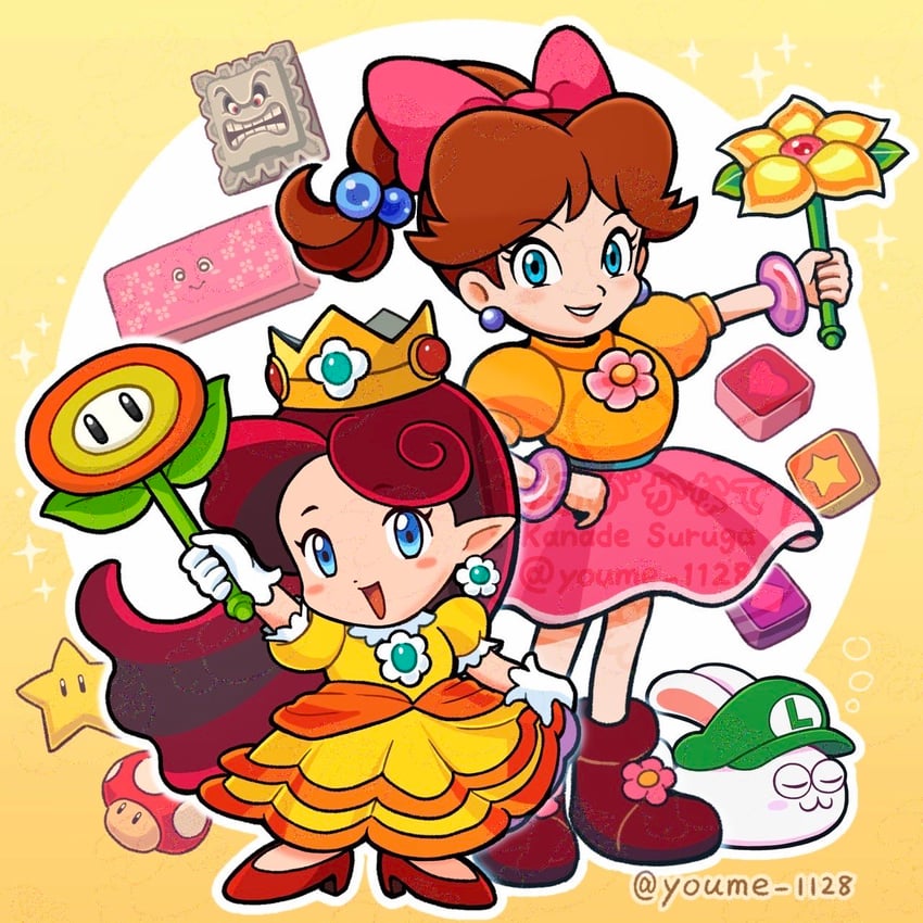 princess daisy, thwomp, lip, and furifuri (mario and 1 more) drawn by suruga_kanade