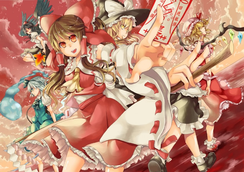 hakurei reimu, kirisame marisa, flandre scarlet, konpaku youmu, and shameimaru aya (touhou) drawn by amatsuki_colors