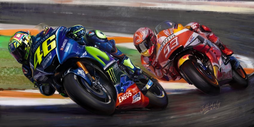michelin man, valentino rossi, and marc marquez (real life and 3 more) drawn by jeffholy