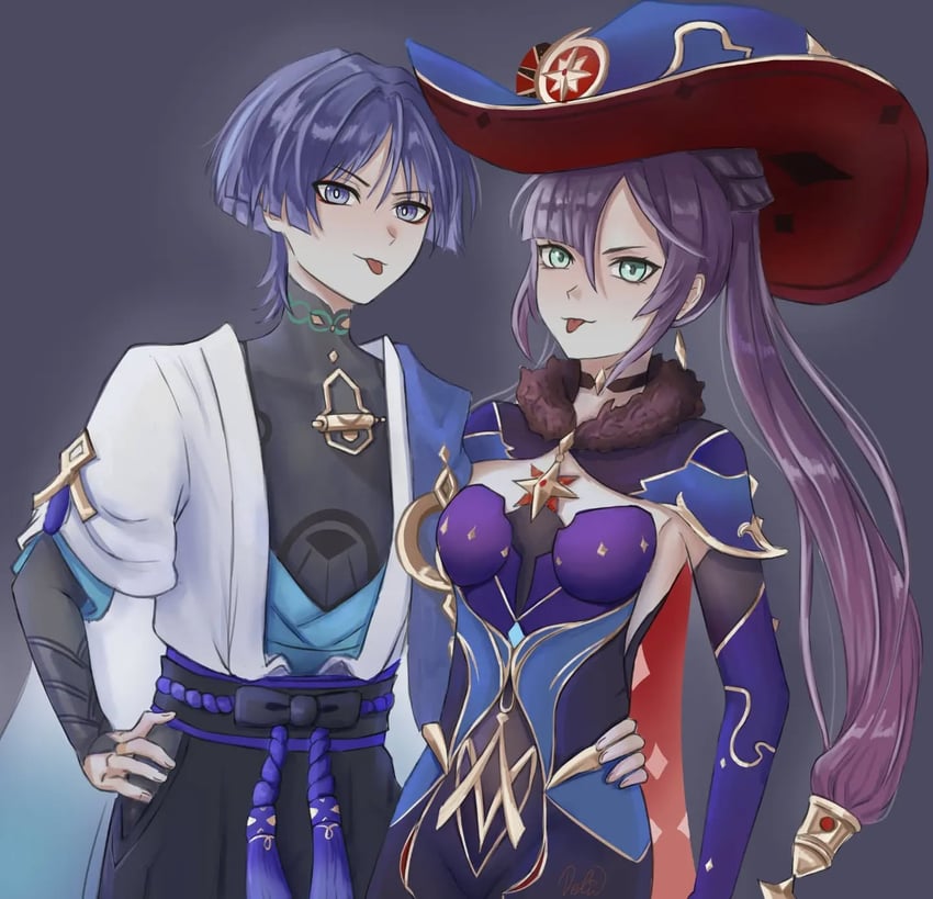 scaramouche, wanderer, and mona (genshin impact) drawn by delisha_lia