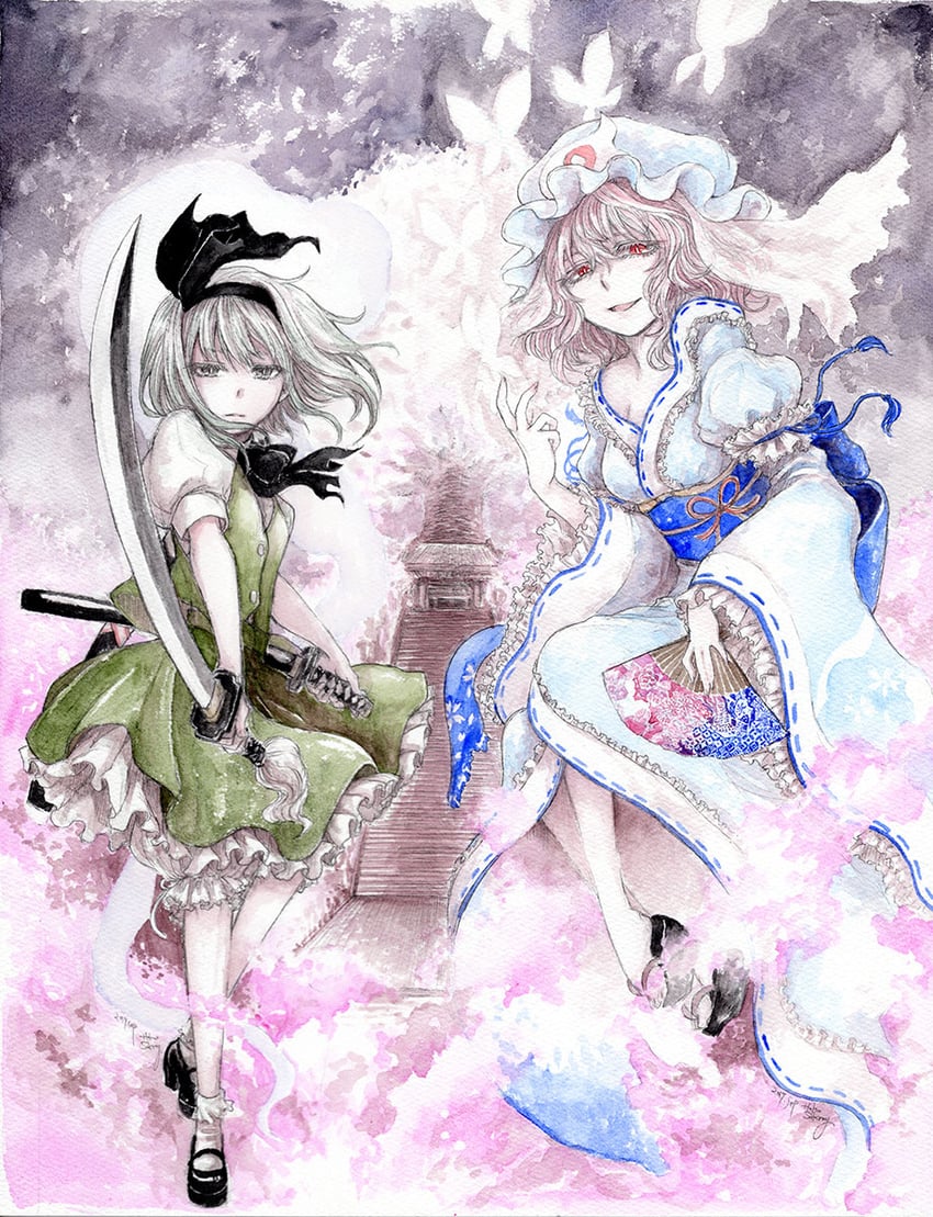 konpaku youmu, saigyouji yuyuko, and saigyou ayakashi (touhou) drawn by sakurai_haruto