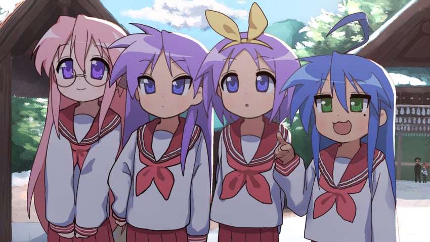 hiiragi kagami, izumi konata, hiiragi tsukasa, takara miyuki, kogami akira, and 1 more (lucky star) drawn by wuju59